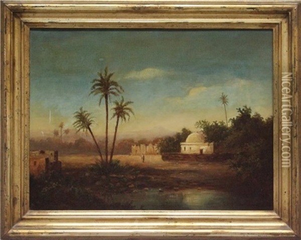Orientalische Landschaft Mit Gebauden Und Person Unter Palmen An Einer Oase Oil Painting - Pierre-Edmond-Alexandre Hedouin
