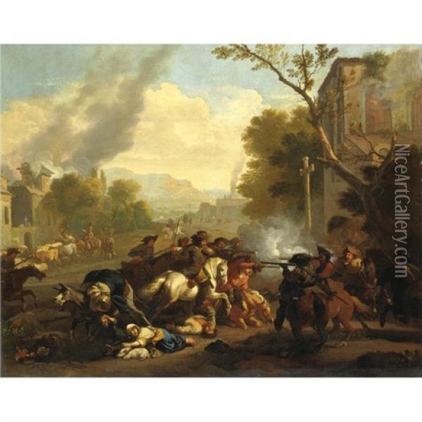 Scena Di Battaglia In Un Villaggio Oil Painting - Jan van Huchtenburg
