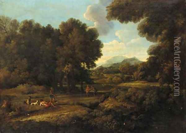 A wooded landscaoe with figures by a lake Oil Painting - Gaspard Dughet