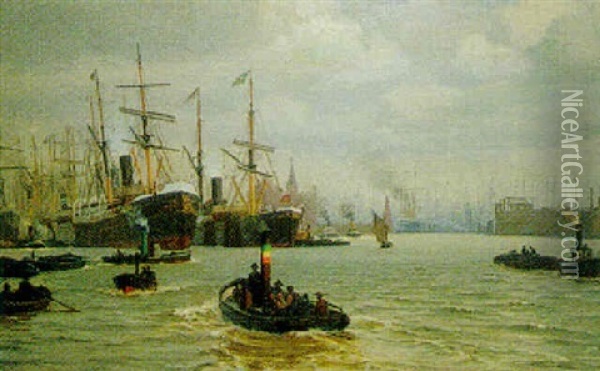 Fartyg I Hamburgs Hamn Oil Painting - Vilhelm Karl Ferdinand Arnesen