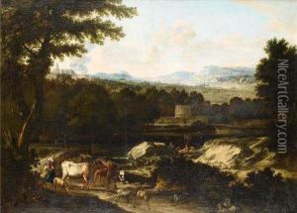 Drovers And Their Cattle In An Italianate Landscape With A Fortification In The Distance Oil Painting - Cornelis Huysmans