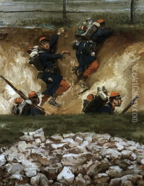 Guerre De 1870 Bataille De Champigny (collab. W/alphonse De Neuville; Fragment Of Panorama) Oil Painting - Edouard Jean Baptiste Detaille