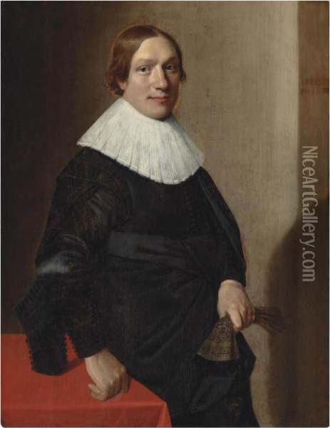 Portrait Of A Man, Half-length, 
In A Black Doublet And Cloak, With A Ruff, Resting His Right Hand On A 
Table And Holding A Glove Oil Painting - Jan Daemen Cool