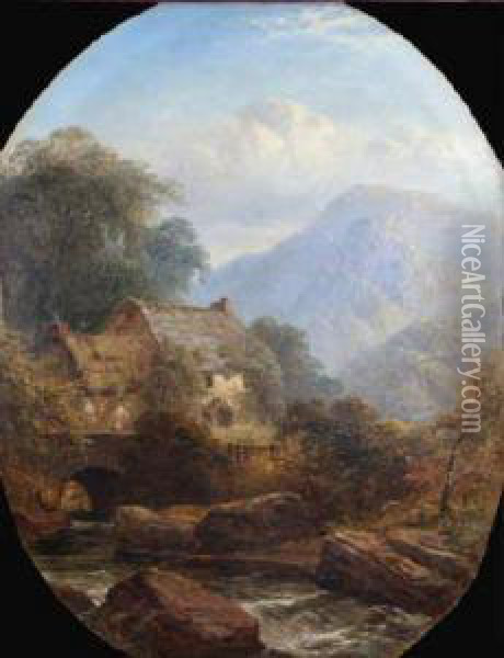 A View In Borrowdale With A Woman On A Bridge By A Cottage Oil Painting - George Blackie Sticks