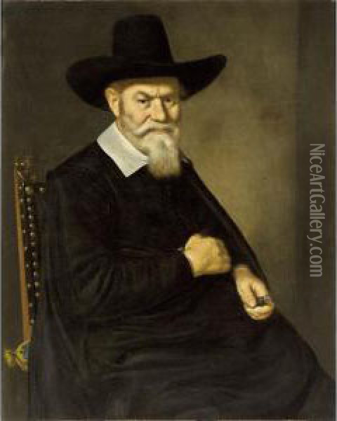 A Portrait Of A 67-year Old Gentleman, Seated Half-length, Wearing A Black Coat With A White Collar And A Hat, Holding A Seal-stamp With A Coat-of-arms Of The City Of Amsterdam In His Left Hand Oil Painting - Herkules Sanders