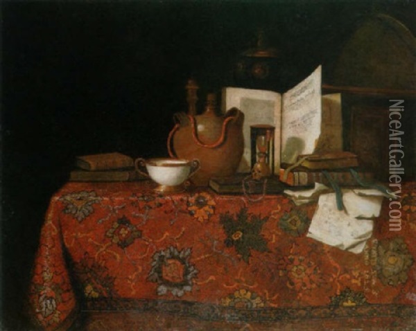 Books, An Earthenware Flask, A Porcelain Bowl, A Gold Chain With A Skull And Hourglass On A Carpeted Table Oil Painting -  Pseudo-Roestraten