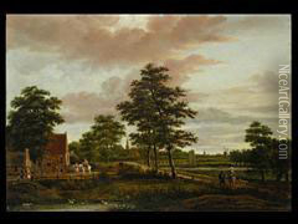 Landschaft Mit Gebauden, Windmuhle Und Personenstaffage Oil Painting - Aert van der Neer