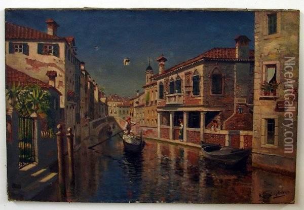 Venetian Canal, Boat And Figures Oil Painting - William Livingstone Anderson