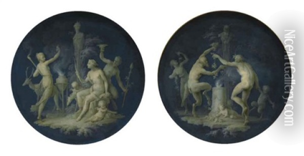 Satyrs And Fauns Dancing Before A Shrine (+ Diana In A Landscape With The Attributes Of Hunting And Dancing Figures; Pair) Oil Painting - Dirk Van Der Aa