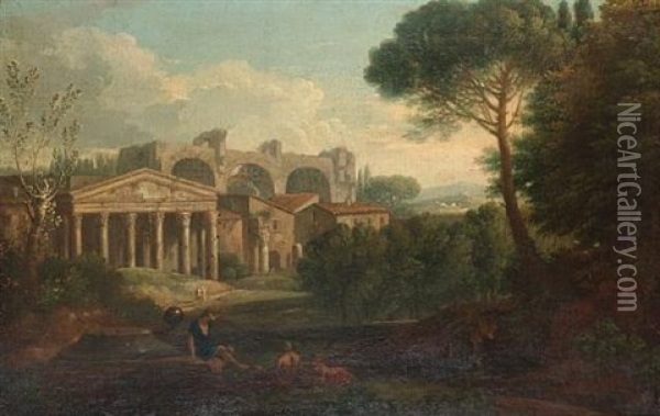 An Arcadian Landscape With Figures Resting Beside A Stream In The Foreground And Ruins Beyond (+ An Arcadian Landscape With A Temple In The Distance; Pair) Oil Painting - Jan Frans van Bloemen