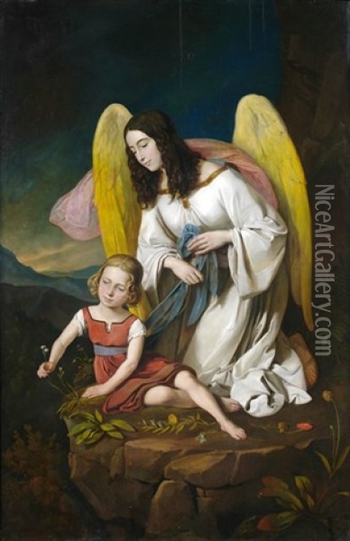 Ein Kleines Madchen Mit Ihrem Schutzengel Oil Painting - Josef von Fuehrich