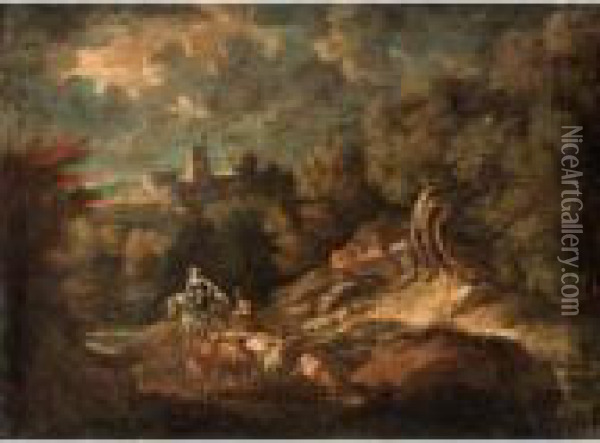 Italianate Landscape With A 
Drover And Their Animals Beside A River, A Hill Top Town Beyond Oil Painting - Pieter the Younger Mulier
