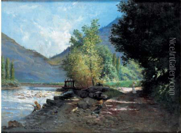Promenade Au Bord De La Riviere Oil Painting - Edmond Louis Dupain