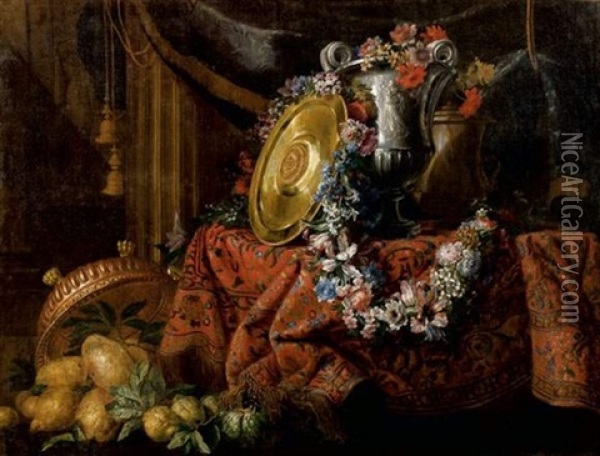 Nature Morte Aux Vases Et A La Guirlande De Fleurs Oil Painting - Meiffren Comte