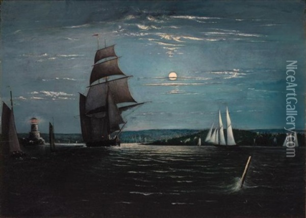 Ship Leaving Harbor By Moonlight (castine Harbor) Oil Painting - Mary Blood Mellen