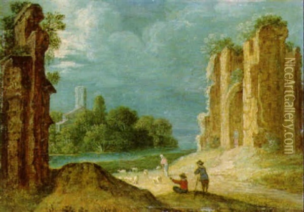 Peasants By Ruins, A River And A Tower Beyond Oil Painting - Paul Bril