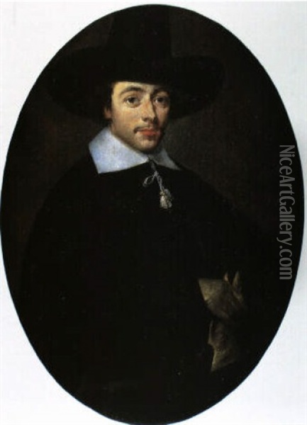 Portrait Of A Young Man Holding A Glove And Wearing A High Black Hat Oil Painting - Gerard ter Borch the Younger