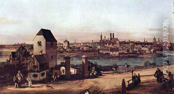 View from Munich, The Bridge gate and the Isar, Munich Heidhausen view Oil Painting - Bernardo Bellotto
