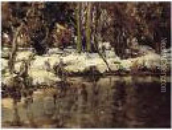 Riverbank In Snow Oil Painting - James Humbert Craig