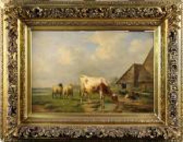 Vache A L'abreuvoir Oil Painting - Alfred Jacques Verwee