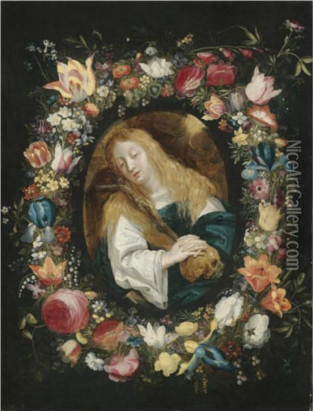 The Penitent Magdalen Surrounded By A Garland Of Flowers Oil Painting - Frans II Francken