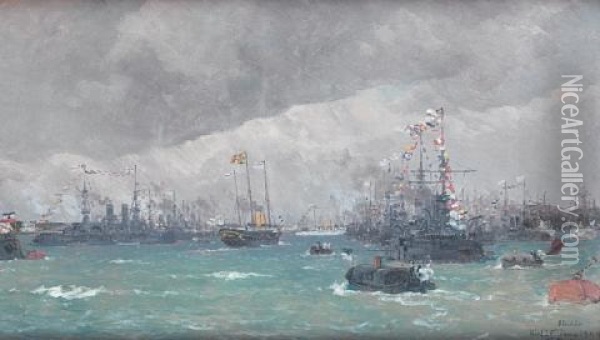The Royal Yacht Victoria & Albert (iii), With King Edward Vii And Queen Alexandra Aboard, Arriving In The Kiel Roads For Their State Visit To Germany Oil Painting - Edoardo de Martino