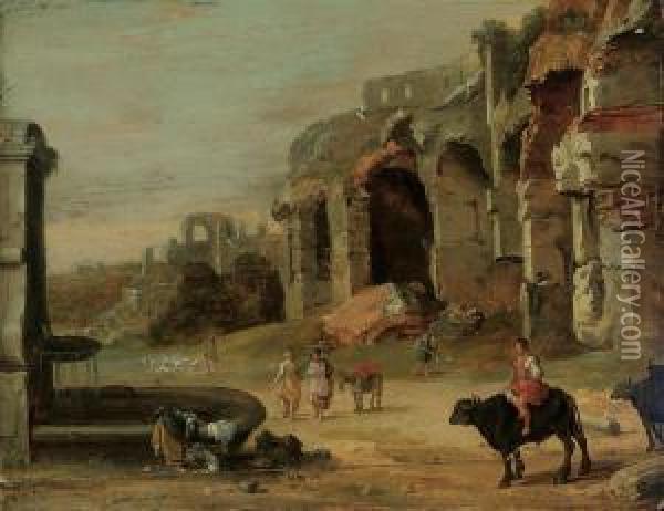 An Italianate Landscape With A Woman Washing Clothes In A Fountain Oil Painting - Bartholomeus Breenbergh