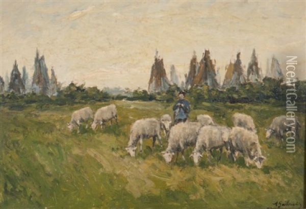 Le Berger Et Ses Moutons Sur La Cote Oil Painting - Jean Baptiste Antoine Guillemet