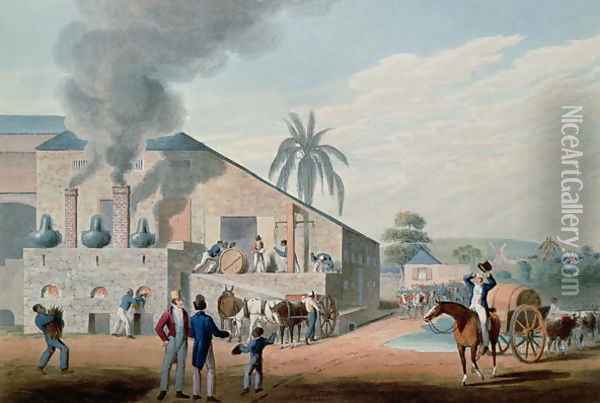 Slaves Set to Work Producing Rum at the Distillery, Antigua, 1823 Oil Painting - William Clark