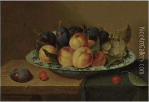 A Still Life Of Apricots And 
Plums In A Wan-li Porcelain Bowl Together With Cherries, All On A 
Table-top Partly Draped With A Green Cloth Oil Painting - Jacob van Hulsdonck