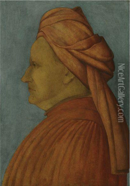 Profile Of A Man, Wearing A Red Shirt And Red Turban Oil Painting - Gentile Bellini