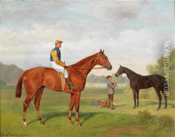 Arulo Und Komamasszony, Two Victorious Race Horses From The Estate Of Baron Hermann Von Konigswarter With Jockey Robert Adams Oil Painting - Emil Adam