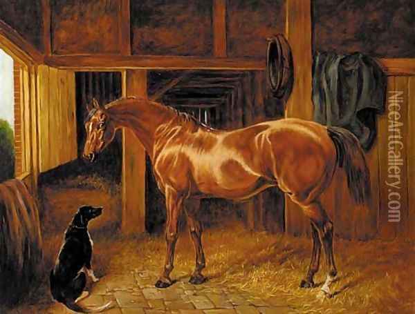 A chestnut hunter with a dog in a stable Oil Painting - English School