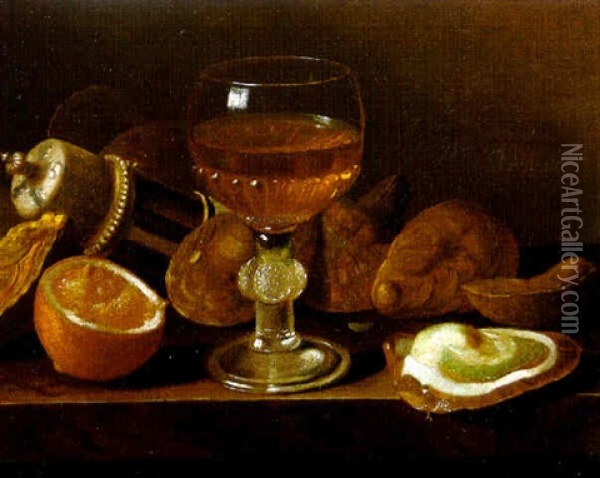 Still Life With A Glass Of Wine, An Overturned Caster, Oysters And A Cut Lemon O A Ledge Oil Painting - Pieter Gerritsz van Roestraten