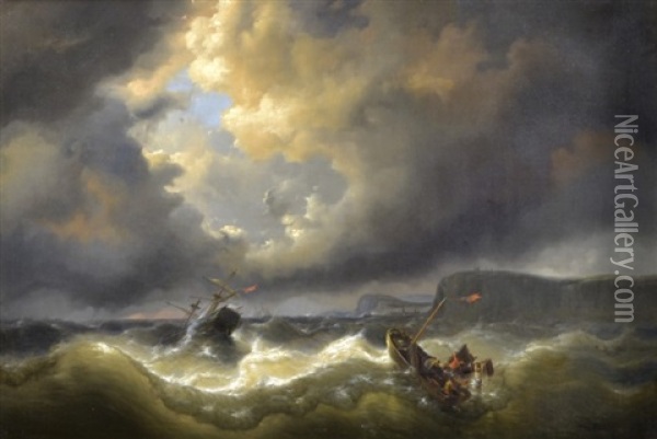 Marint Motiv Med Skeppsbrott Oil Painting - Louis Charles Verboeckhoven
