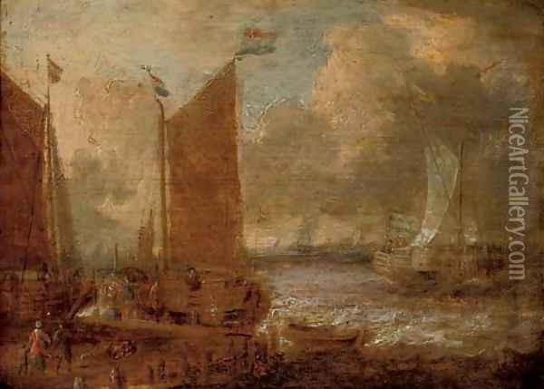 A harbour scene with shipping and steverdores on the quay Oil Painting - Abraham Storck