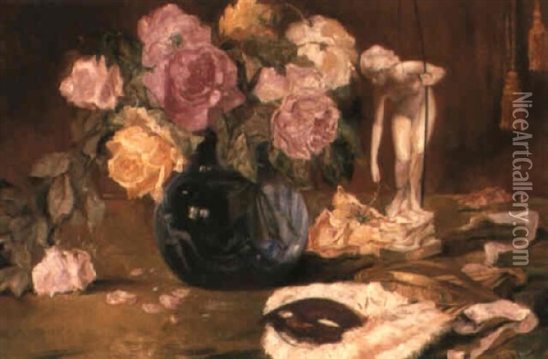 Roses In A Bowl With Figurine And Mask On Table Oil Painting - Bruno Dietze