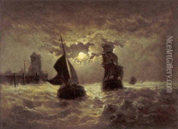 Marine Bij Maanlicht Oil Painting - Edouard-Joris Moerenhout