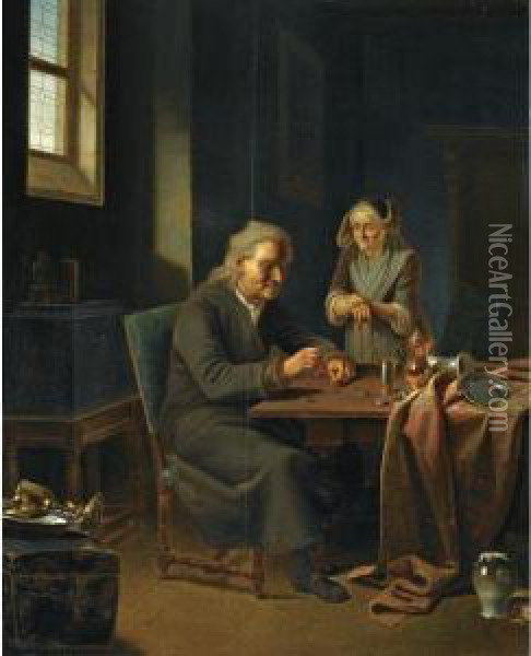 An Interior With A Pawn Broker And An Elderly Lady Oil Painting - Justus Juncker