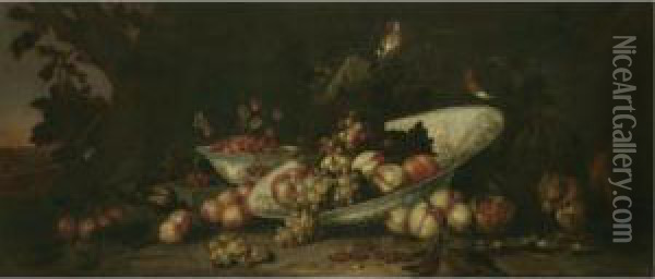 A Still Life Of Fruit Including Grapes On The Vine, Peaches And An Orange In A Tilted Porcelain Dish, With Redcurrants, Figs, An Open Pomegranate, Raspberries And Other Fruit On The Surrounding Ground, Together With A Red Squirrel Eating Hazelnuts And Som Oil Painting - Pseudo Simons