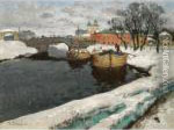 Boats On A River Oil Painting - Konstantin Ivanovich Gorbatov