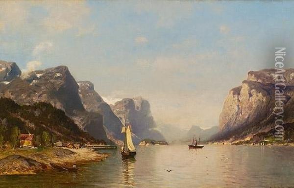 Dampskip Og Seilbat I Fjordlandskap 1878 Oil Painting - Morten Muller