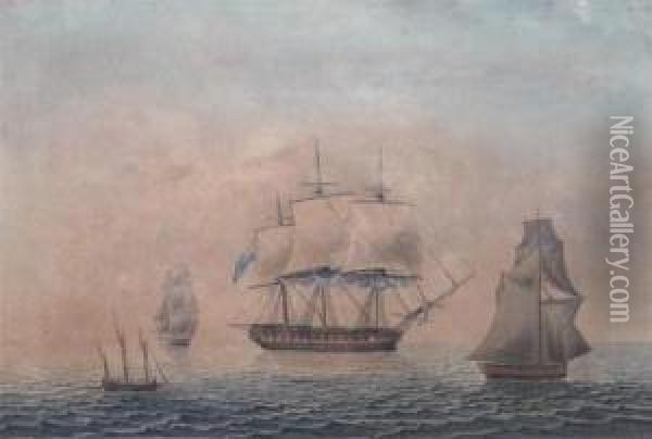 Marine Scenes With Warships At Anchor Oil Painting - P Reed