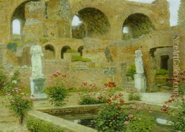 Italienske Ruiner Med Blomstrende Roser Oil Painting - Adolf Heinrich Claus Hansen