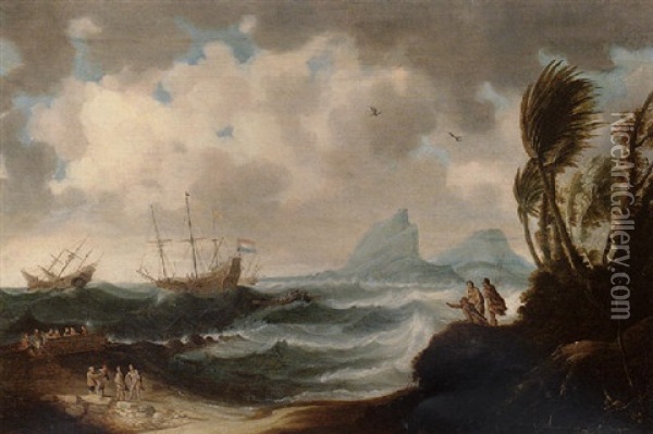 A Shipping Scene With European Vessels Landing Off The Coast Of South America Oil Painting - Gillis (Egidius I) Peeters