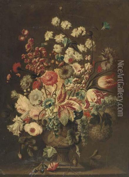 Parrot Tulips, Roses, 
Hydrangeas, Carnations And Other Flowers In Asculpted Urn On A Ledge Oil Painting - Jan Van Huysum