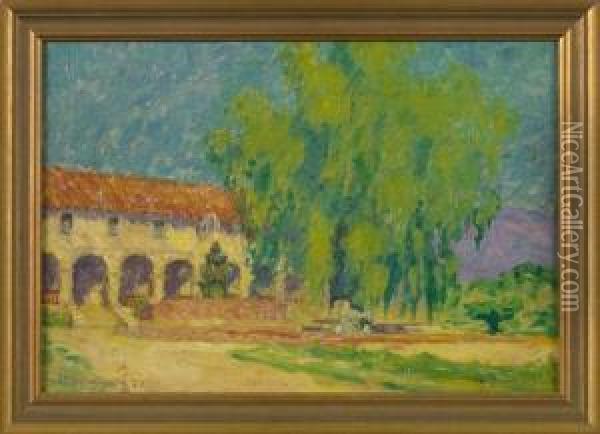 Sunlit View Of The Mission Santa Barbara, California Oil Painting - William Woodward