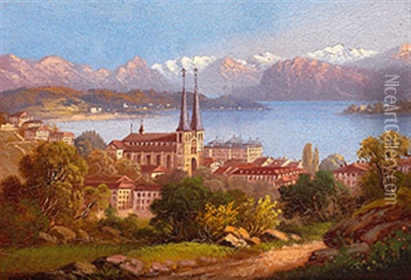 Schweizer Seenlandschaft Mit Malerischer Bergkette An Einem Fruhlingstag Oil Painting - Hubert Sattler