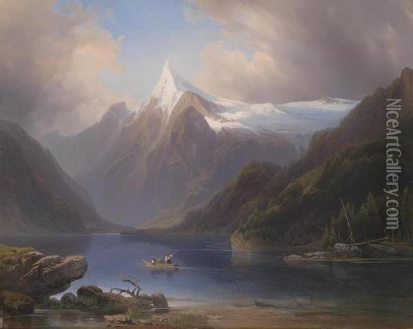 Mountain Lake With View Of Snow-covered Mountains Oil Painting - Joseph Holzer