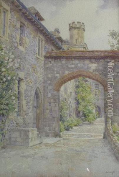 Exterior View Of A House With Arch And Plants Oil Painting - Bernard Cecil Gotch